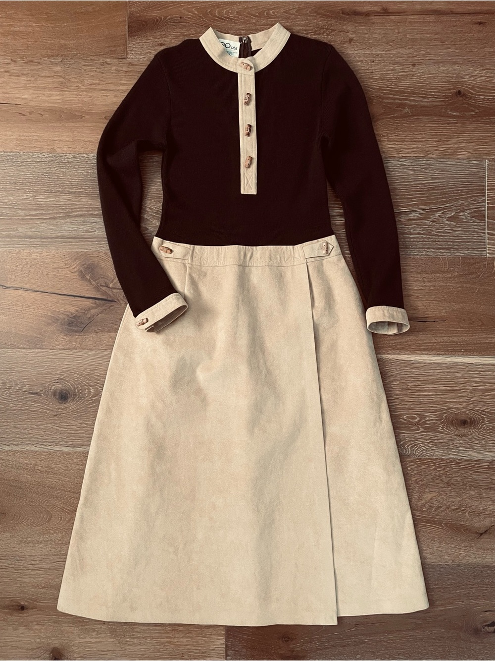 Vintage Two-Tone Brown A-Line Sweater and Faux Suede Wrap Dress Sz 6 Hong Kong